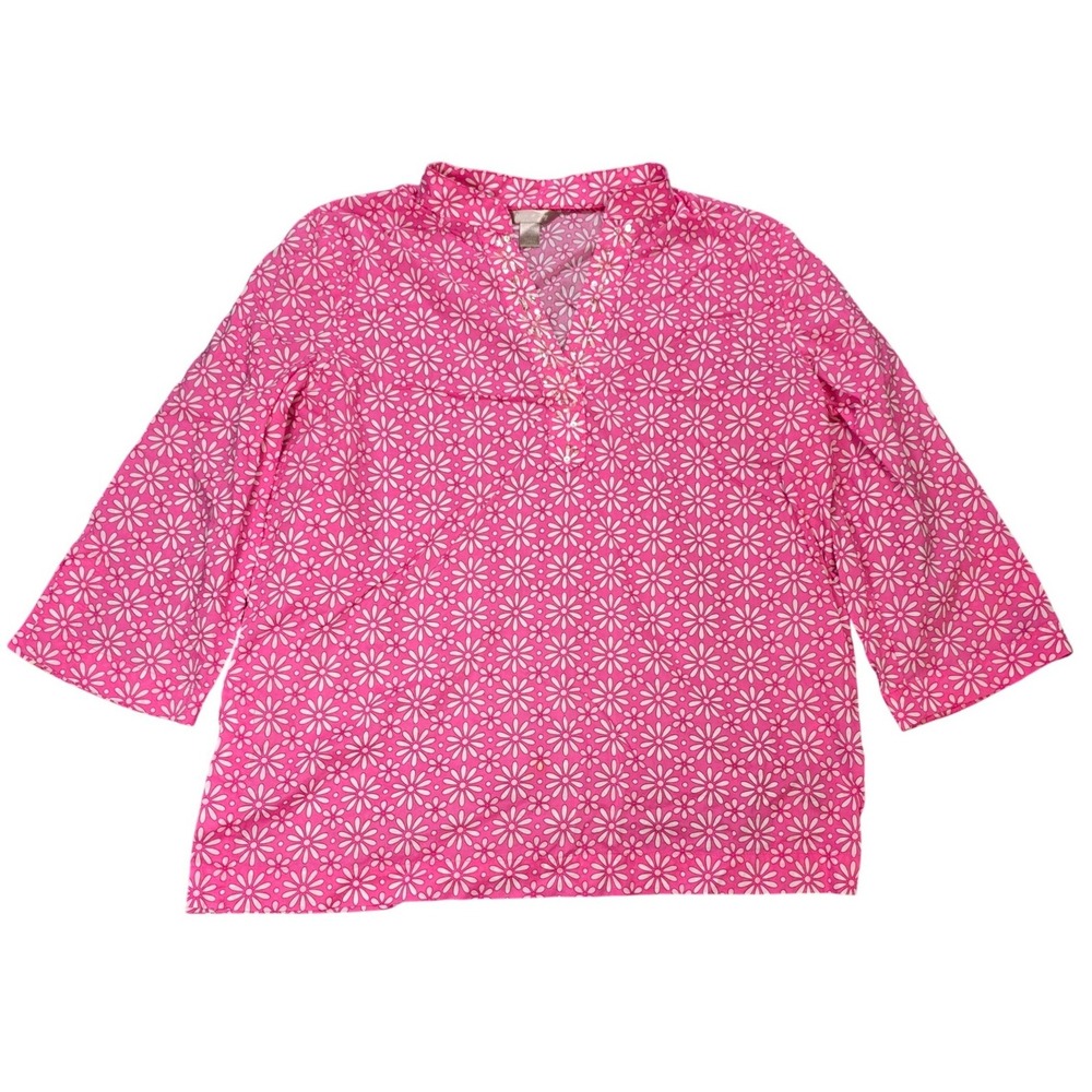 White Stag Daisy Floral Tunic Top Women's Size L (12-14) Pink Sequin Split Neck